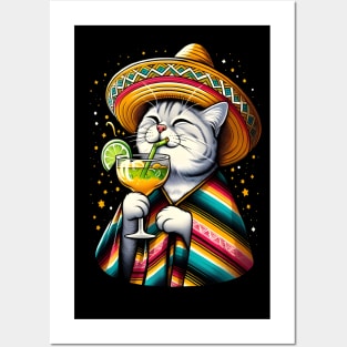 Cat Drinking Margarita Mexican Poncho Cat Lover Posters and Art